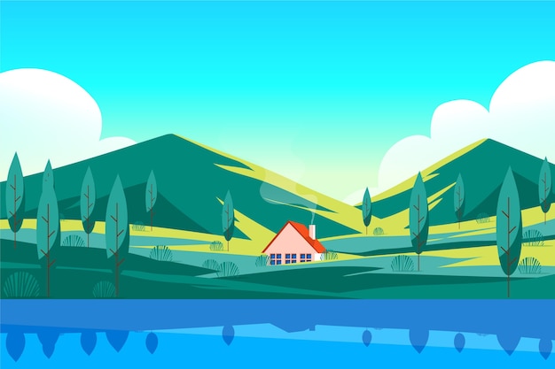 Paisagem de casa de lago desenhada à mão