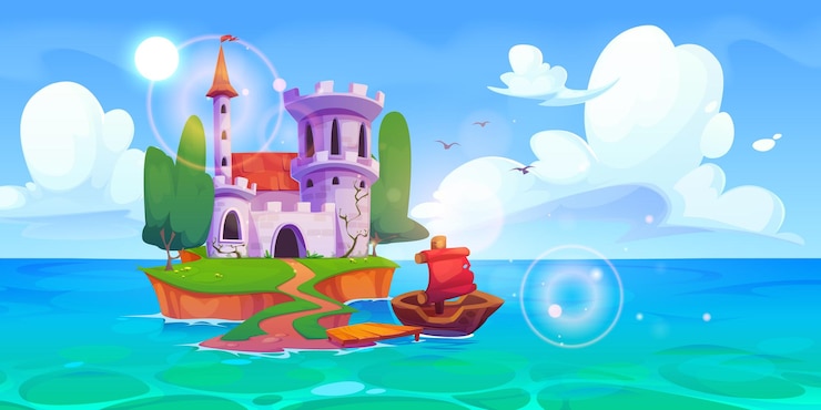 Vetor grátis paisagem de castelo em uma ilha marinha