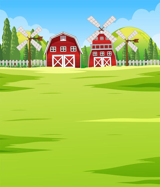 Vetor grátis paisagem de cena de fazenda com celeiro