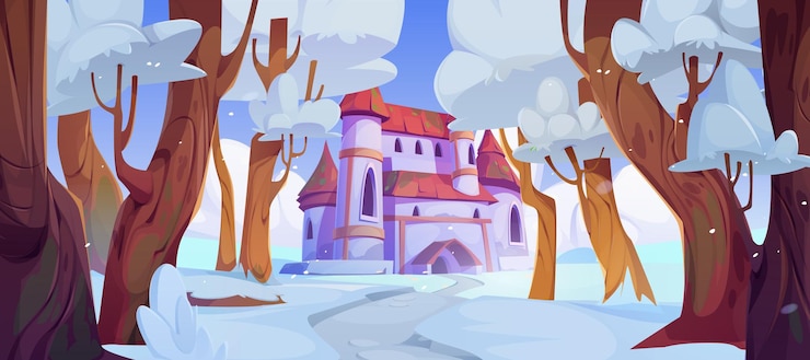Vetor grátis paisagem de conto de fadas de desenho animado de inverno com castelo real na floresta coberta de neve paisagem vetorial de fortaleza medieval com portão e torres cercadas de árvores nevadas forteza antiga em nevascas