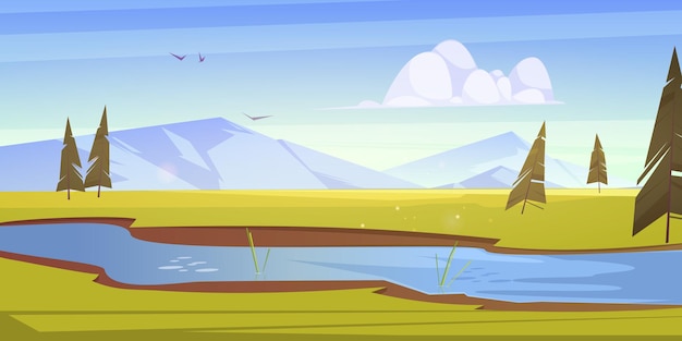 Vetor grátis paisagem de desenho animado com campos verdes exuberantes