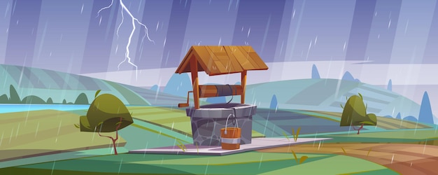 Paisagem de desenho animado com poço de pedra e chuva