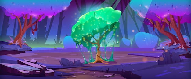 Paisagem de fantasia de floresta mágica e árvore alienígena com lodo verde pingando vector cartoon fantástica ilustração de árvore incomum com folhagem pegajosa na clareira na floresta mística