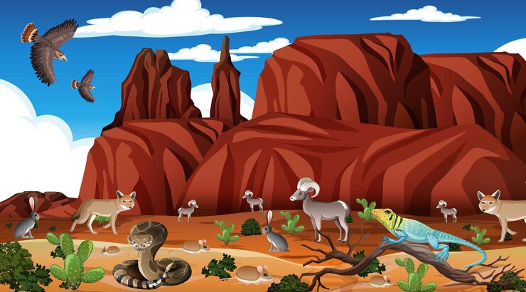 Vetor grátis paisagem de floresta deserta em cena diurna com animais selvagens