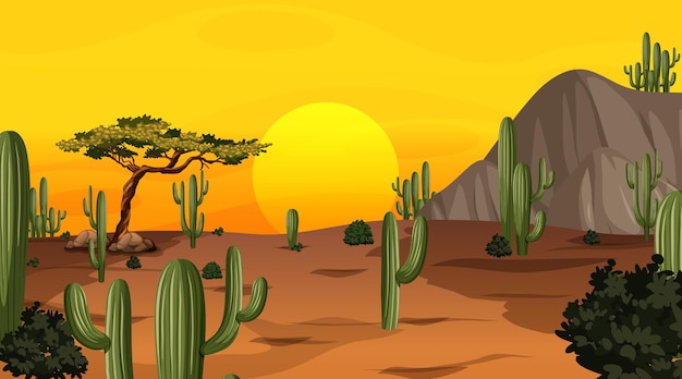 Vetor grátis paisagem de floresta deserta na hora do pôr do sol com muitos cactos