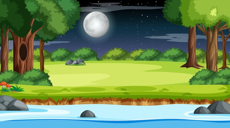 Vetor grátis paisagem de floresta natural à noite com um longo rio fluindo pelo prado