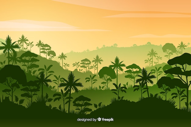 Vetor grátis paisagem de floresta tropical com floresta densa