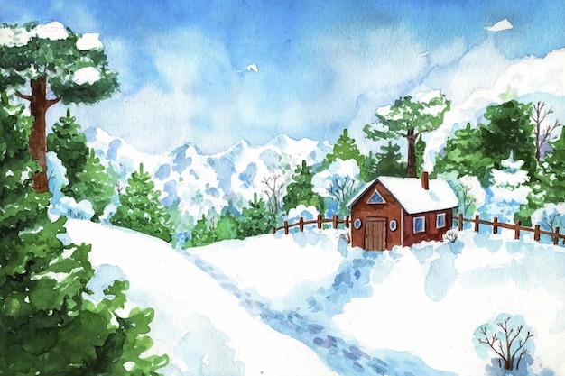 Paisagem de inverno criativa em aquarela