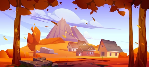 Vetor grátis paisagem de outono com casas de aldeia de montanha