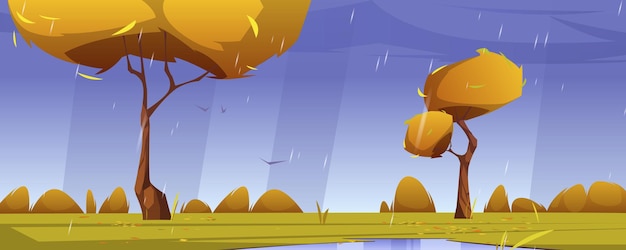 Paisagem de outono com laranjeiras, arbustos, chuva e poças. Ilustração em vetor dos desenhos animados da cena da natureza com gramado, gotas de água caindo, nuvens e pássaros voando. Prado rural com tempo chuvoso