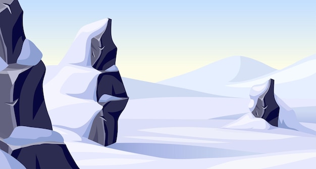 Vetor grátis paisagem de pedras na neve. rochas quebradas e montes de neve. idade do gelo
