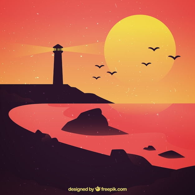 Paisagem de praia com farol ao pôr do sol