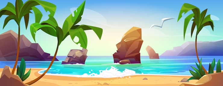Vetor grátis paisagem de praia de lagoa tropical de verão