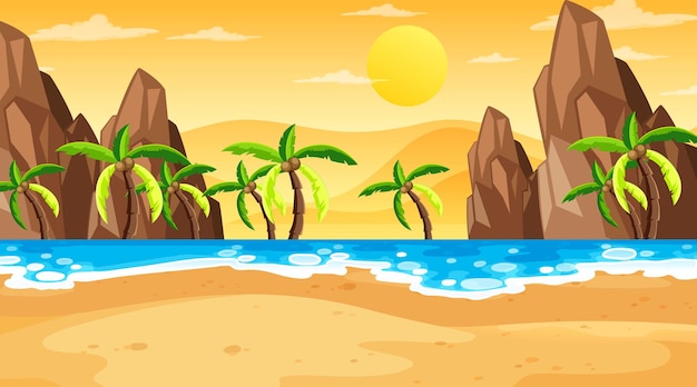 Vetor grátis paisagem de praia tropical ao pôr do sol