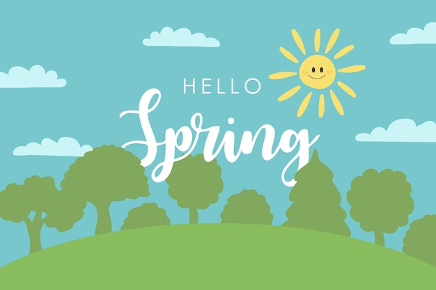 Paisagem de primavera em estilo cartoon com nuvens de sol de árvores olá cartão de primavera Vetor Premium