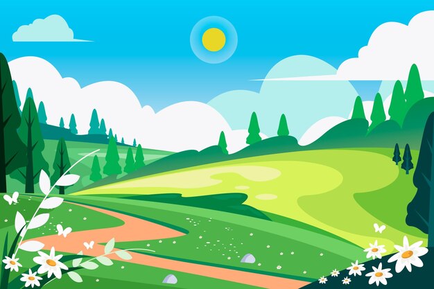 Paisagem de primavera plana detalhada