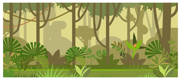 Vetor grátis paisagem de selva com ilustração de árvores e plantas