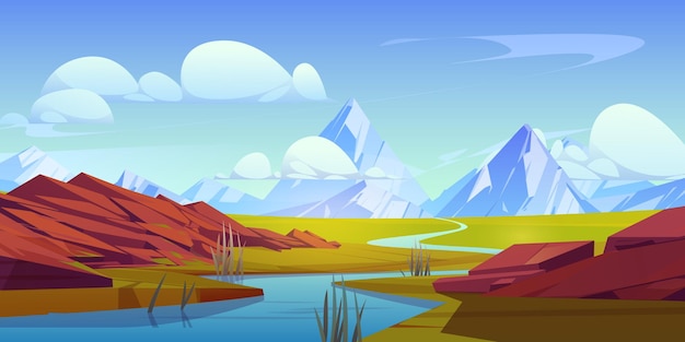 Vetor grátis paisagem de vale de montanha alpina com rio vector ilustração de desenho animado de água fluindo de cordilheira rochosa grama verde e colinas de pedra em bancos céu azul com nuvens fundo de aventura de viagem