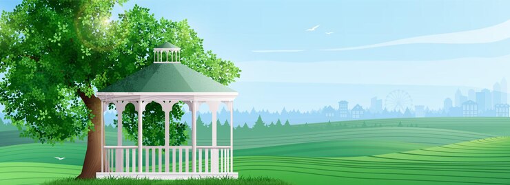 Vetor grátis paisagem de verão em estilo plano com vista para o vale verde e gazebo de madeira sob a árvore e silhuetas de floresta e casas em ilustração vetorial de fundo