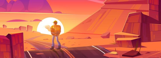 Paisagem do deserto com laranja pedras estrada e caminhante homem no fundo da noite sol vetor dos desenhos animados il ...