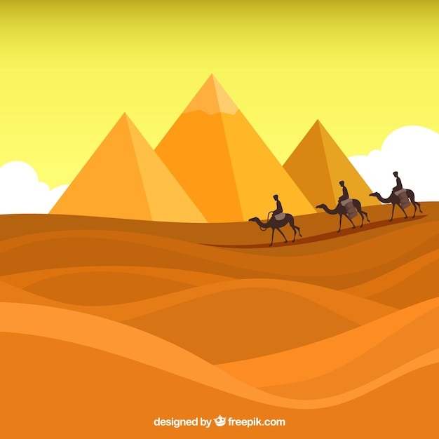 Paisagem do Egito com caravana e pirâmides