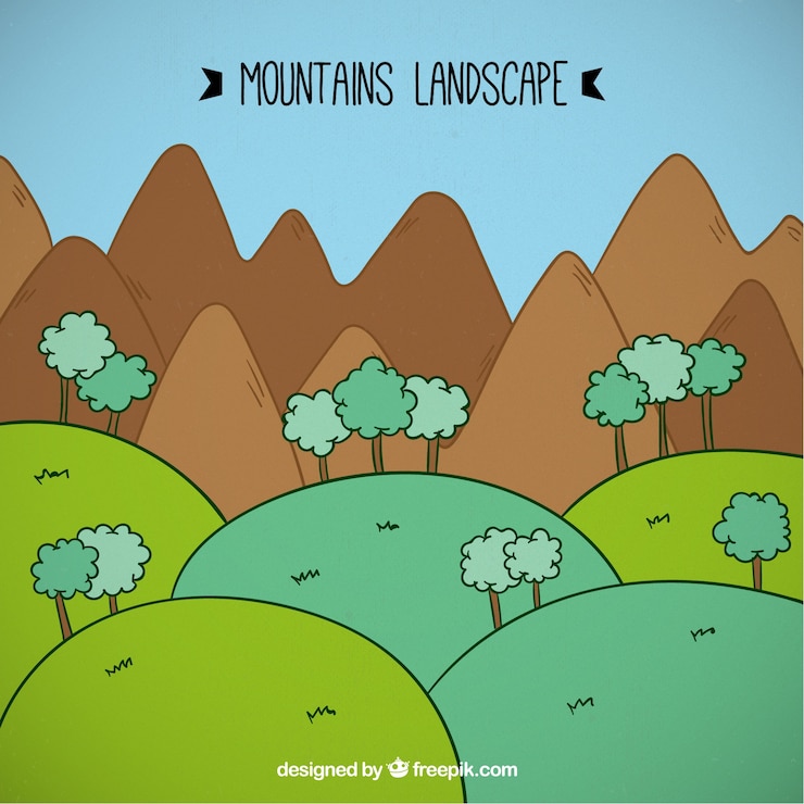 Vetor grátis paisagem dos desenhos animados montains com árvore