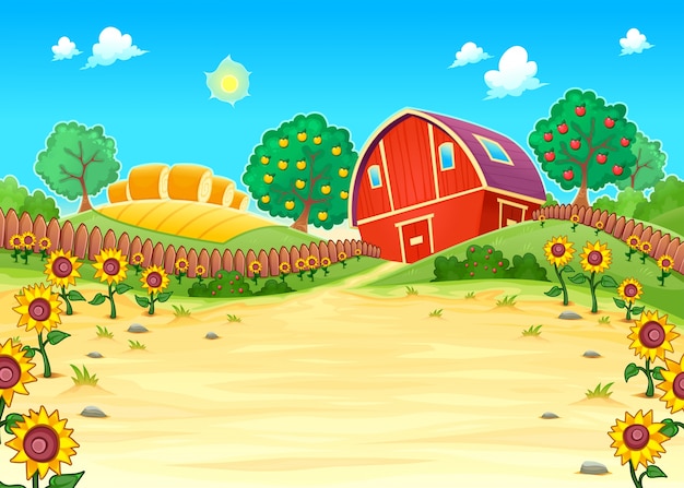 Vetor grátis paisagem engraçada com a ilustração do vetor dos desenhos animados fazenda e girassóis