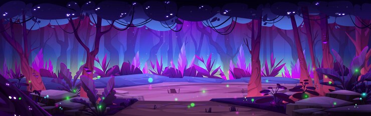 Vetor grátis paisagem florestal noturna com lago ou pântano ao luar com vaga-lumes brilhantes paisagem de madeiras de fantasia em ilustração vetorial de desenhos animados árvores mágicas e arbustos nas margens da lagoa ou rio na floresta
