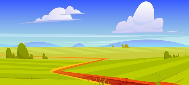 Vetor grátis paisagem natural dos desenhos animados, estrada de terra ao longo do campo