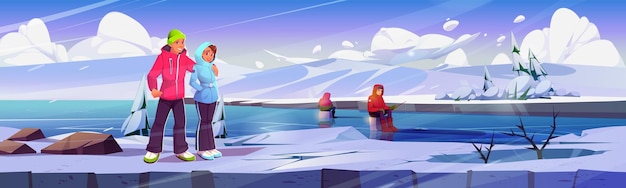 Vetor grátis paisagem norte congelada com fundo de pescador homem e mulher viajam de férias para a costa do oceano gelado canadá frio natureza de água congelada com cena de ambiente de personagem terra branca dos desenhos animados do norte