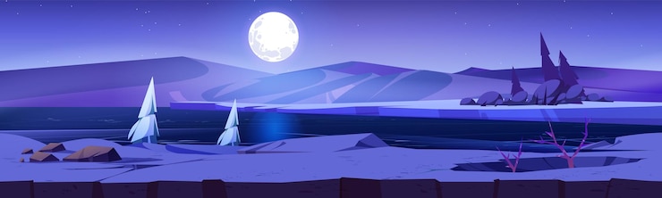 Vetor grátis paisagem noturna polar com lua cheia acima do rio congelado vetor ilustração de desenho animado de gelo frio em colinas de superfície de água cobertas com neve branca noite estrelada abetos polar fundo de meia-noite