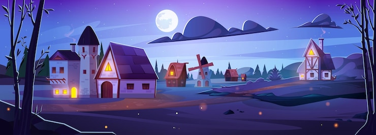 Vetor grátis paisagem rural com casas de aldeia à noite