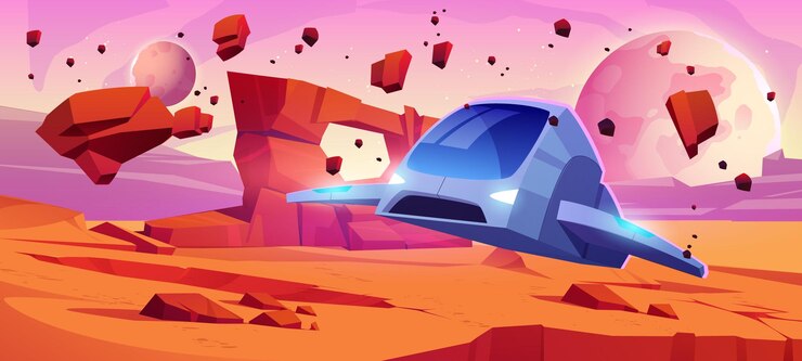 Vetor grátis paisagem selvagem seca com nave espacial no fundo do vetor dos desenhos animados do planeta marte universo de fantasia alienígena com partícula de pedra flutuante e ilustração de videogame extraterrestre de transporte voador