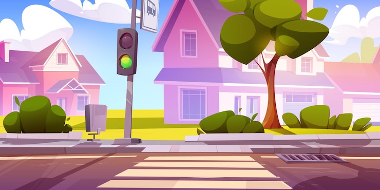 Vetor grátis paisagem suburbana com calçada e semáforo
