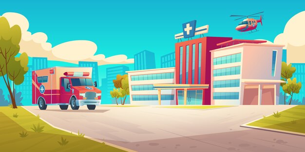Paisagem urbana com edifício do hospital e carro de ambulância