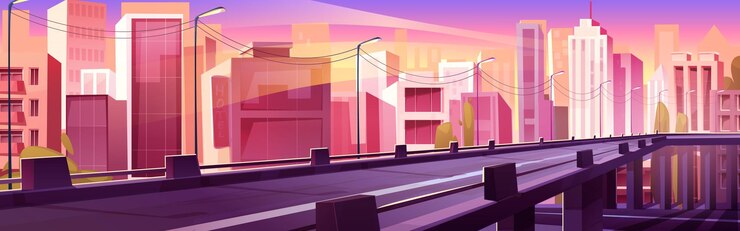 Vetor grátis paisagem urbana com edifícios modernos e viaduto