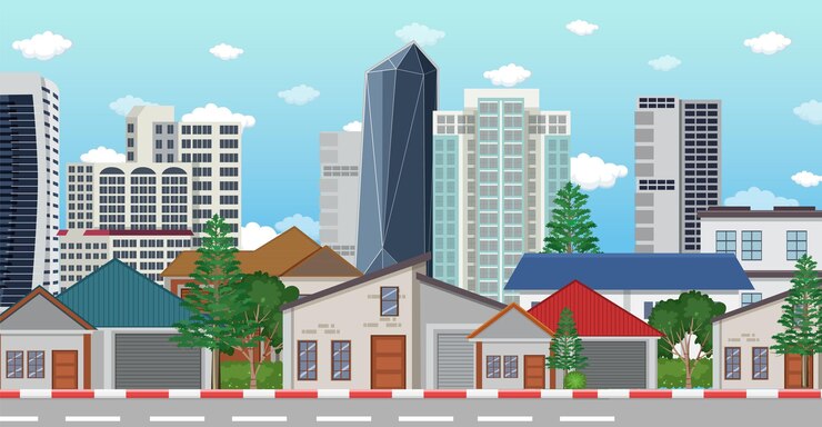 Vetor grátis paisagem urbana com fundo de arranha-céus altos