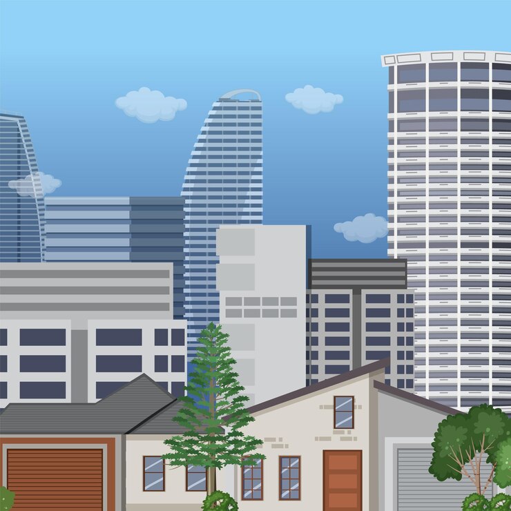 Vetor grátis paisagem urbana com fundo de arranha-céus altos
