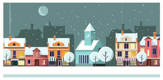 Paisagem urbana de noite de inverno com casas e ilustração de lua