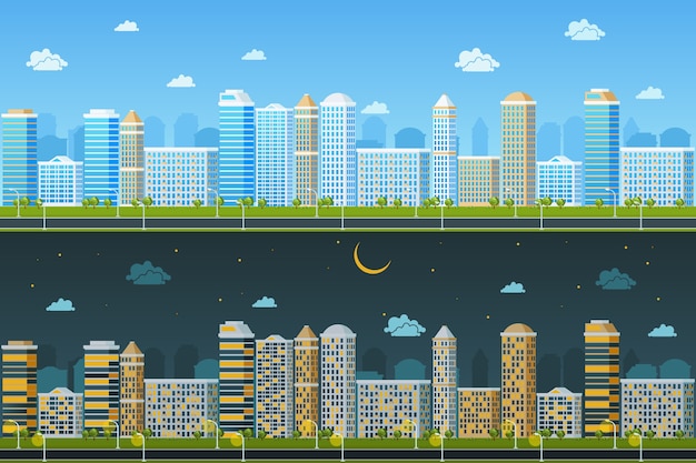 Vetor grátis paisagem urbana dia e noite. arquitetura de edifícios, cidade urbana, ilustração vetorial