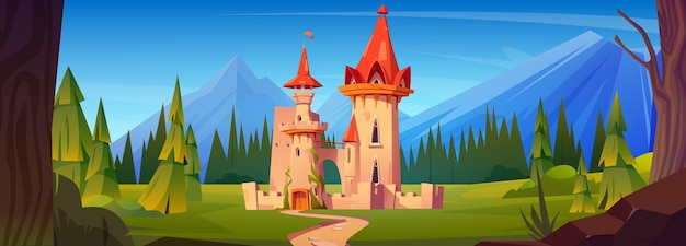 Vetor grátis paisagem vetorial de desenho animado de castelo medieval de montanha ilustração de fundo de palácio de conto de fadas estrada para o rei da fantasia fortaleza em prado na floresta arquitetura de construção de castelo antigo com bandeira