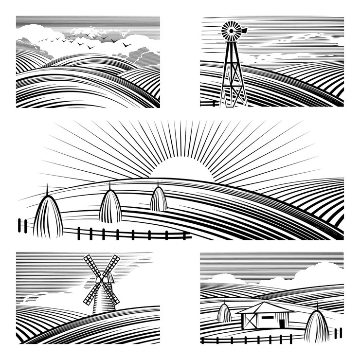 Vetor grátis paisagens rurais retrô. situado em paisagens rurais pintadas de linhas pretas.