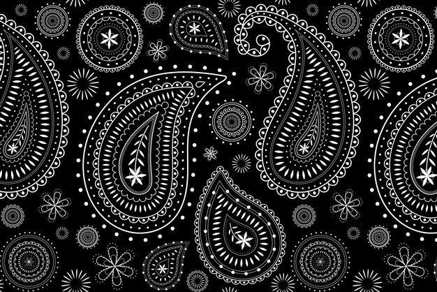 Paisley bandana padrão de fundo, ilustração em preto, vetor de desenho abstrato