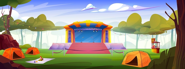 Vetor grátis palco de concerto de música ao ar livre no parque público vetor desempenho de verão ao ar livre com barraca de acampamento na floresta vazio fora do entretenimento do músico na cena perto do gramado verde com guirlanda