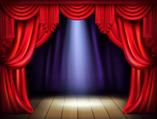 Palco vazio com cortinas vermelhas abertas e feixe de luz do projetor no piso de madeira