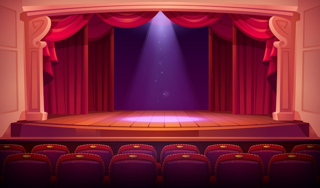 Palco vazio de teatro com holofotes de cortinas vermelhas