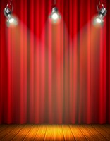 Vetor grátis palco vazio iluminado com cortina vermelha do piso de madeira brilhante material pendurado ilustração vetorial de holofote