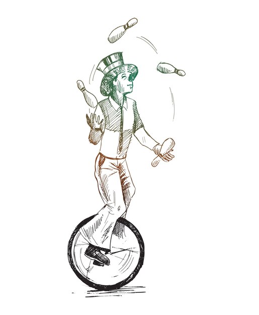 Palhaço engraçado fazendo malabarismo com bolas enquanto montava o desempenho do monociclo uma bicicleta com rodas ilustração vetorial