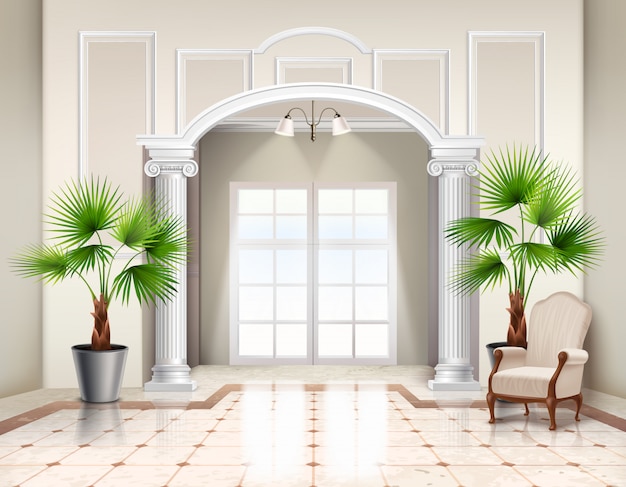 Vetor grátis palmeiras de ventilador em vaso interno como plantas de casa decorativas no interior espaçoso do vestíbulo clássico realista