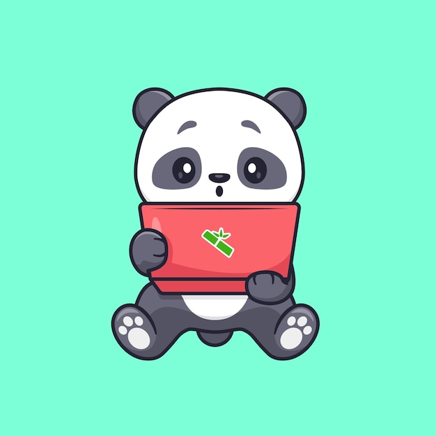 Panda bonito jogando laptop cartoon vetor ícone ilustração animal tecnologia ícone conceito isolado